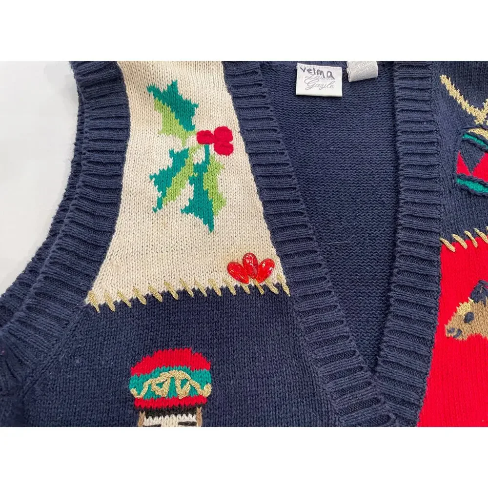 Lauren Gayle Navy, Red, Christmas Patchwork Sweater Vest, Nutcracker, Holly, M